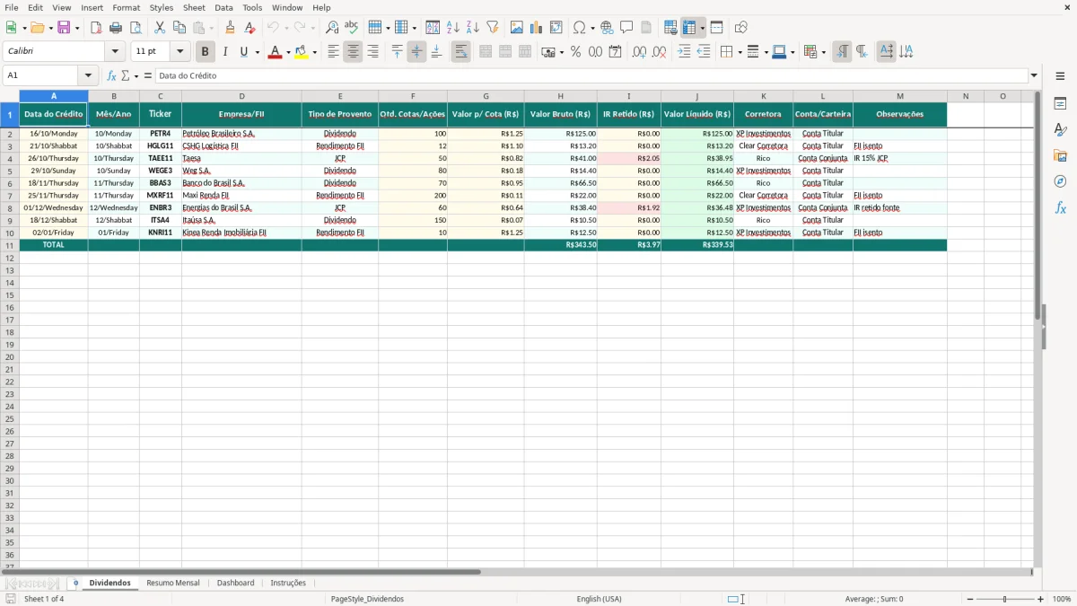 Captura de tela 1: Aba Dividendos - Planilha Excel Acompanhamento de Dividendos Mensais Excel Grátis