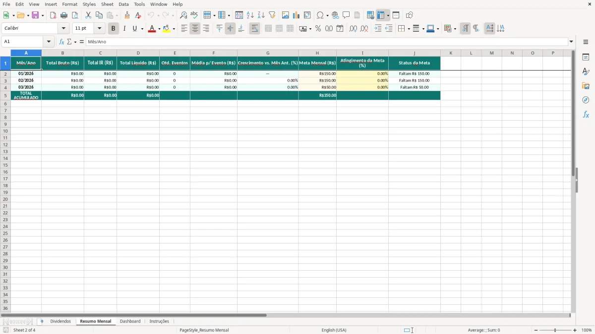 Captura de tela 2: Aba Resumo Mensal - Planilha Excel Acompanhamento de Dividendos Mensais Excel Grátis