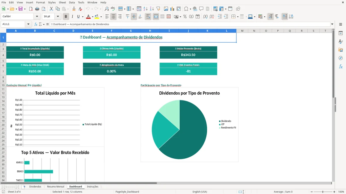Captura de tela 3: Aba Dashboard - Planilha Excel Acompanhamento de Dividendos Mensais Excel Grátis