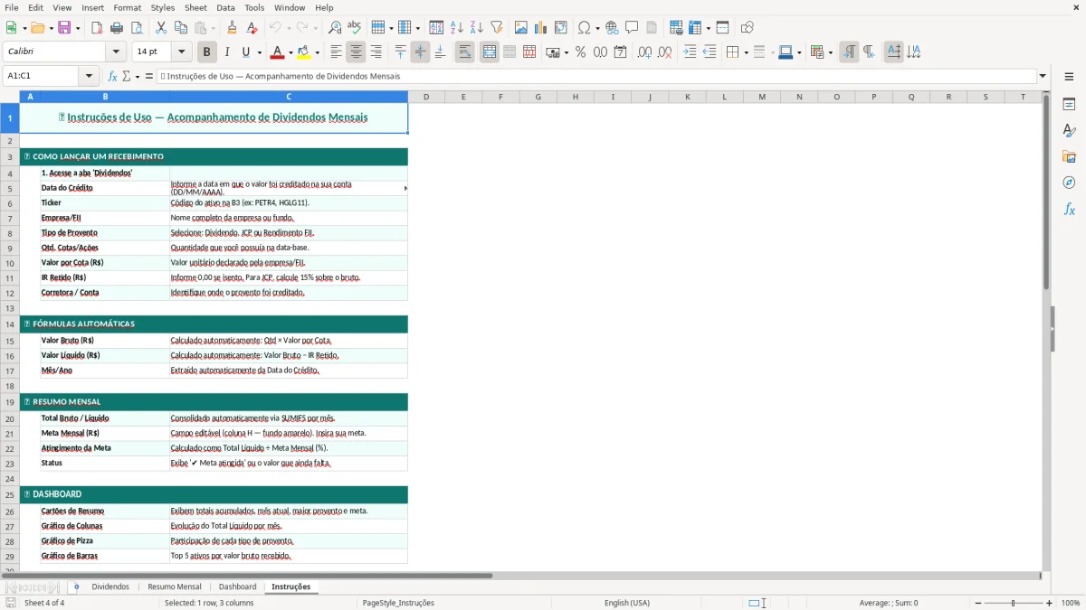 Captura de tela 4: Aba Instruções - Planilha Excel Acompanhamento de Dividendos Mensais Excel Grátis