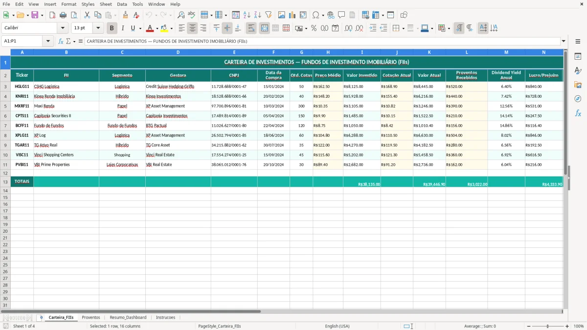 Captura de tela 1: Aba Carteira_FIIs - Planilha Excel Carteira de Investimentos em FIIs Planilha Excel