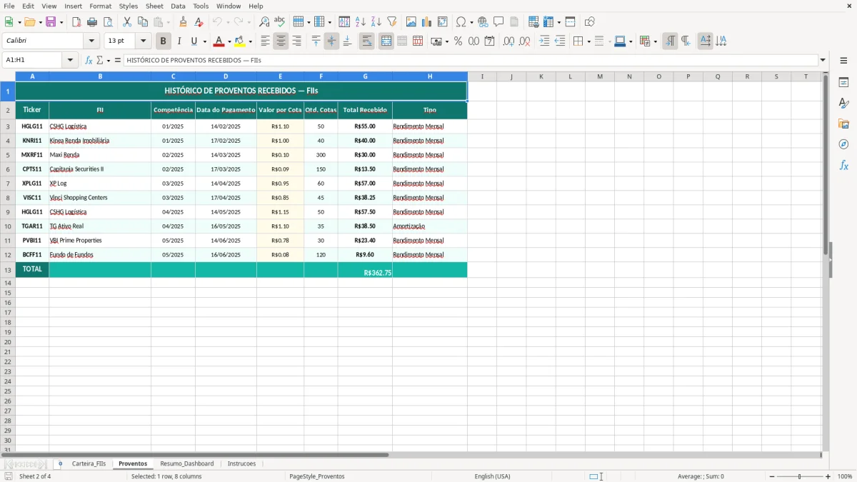 Captura de tela 2: Aba Proventos - Planilha Excel Carteira de Investimentos em FIIs Planilha Excel