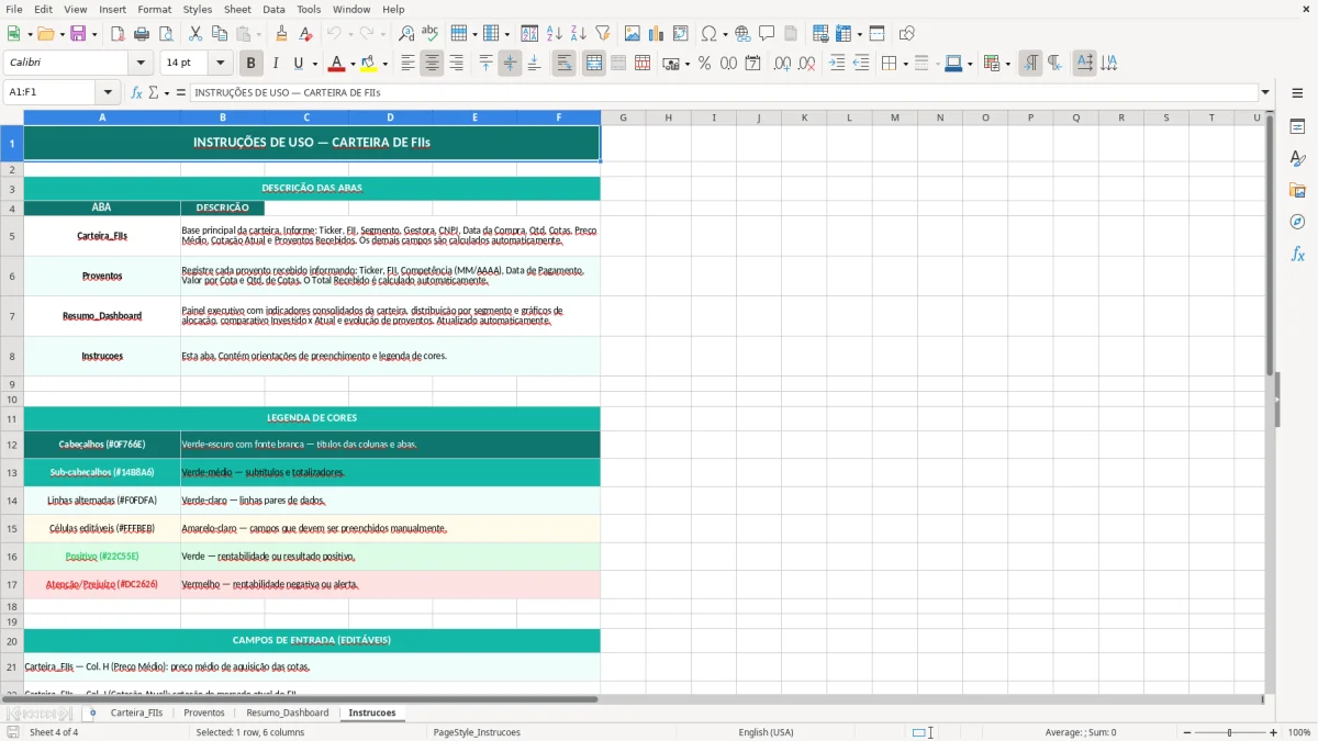 Captura de tela 4: Aba Instrucoes - Planilha Excel Carteira de Investimentos em FIIs Planilha Excel