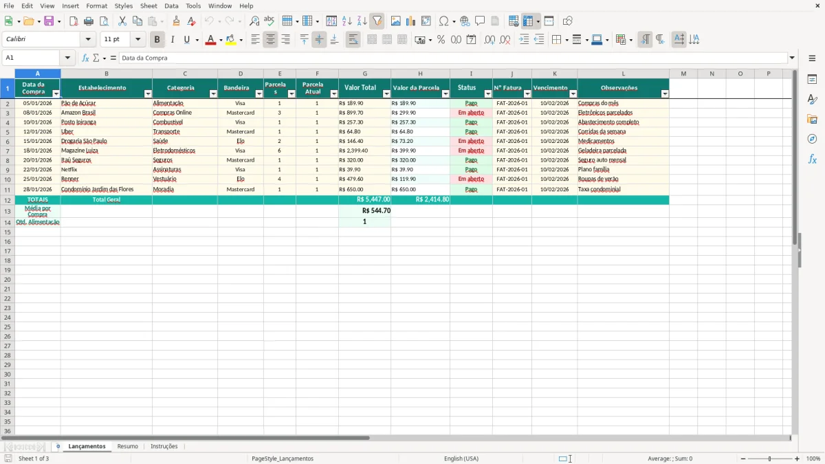 Captura de tela 1: Aba Lançamentos - Planilha Excel Controle de Cartão de Crédito Fatura Excel