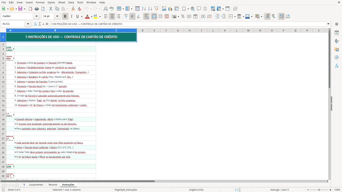 Captura de tela 3: Aba Instruções - Planilha Excel Controle de Cartão de Crédito Fatura Excel