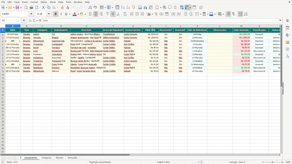 Captura de tela 1: Aba Lançamentos - Planilha Excel Controle de Gastos Pessoais no Excel Grátis