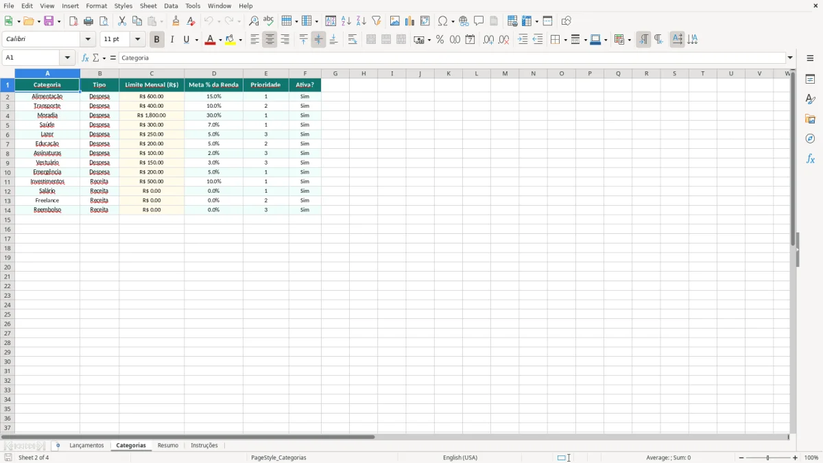 Captura de tela 2: Aba Categorias - Planilha Excel Controle de Gastos Pessoais no Excel Grátis