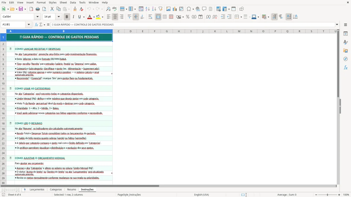 Captura de tela 4: Aba Instruções - Planilha Excel Controle de Gastos Pessoais no Excel Grátis
