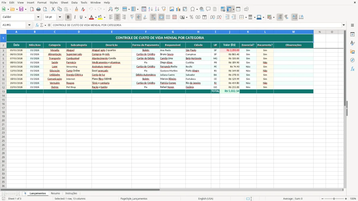 Captura de tela 1: Aba Lançamentos - Planilha Excel Custo de Vida Mensal por Categoria Excel Grátis