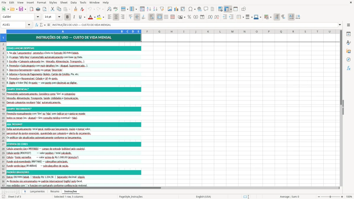 Captura de tela 3: Aba Instruções - Planilha Excel Custo de Vida Mensal por Categoria Excel Grátis