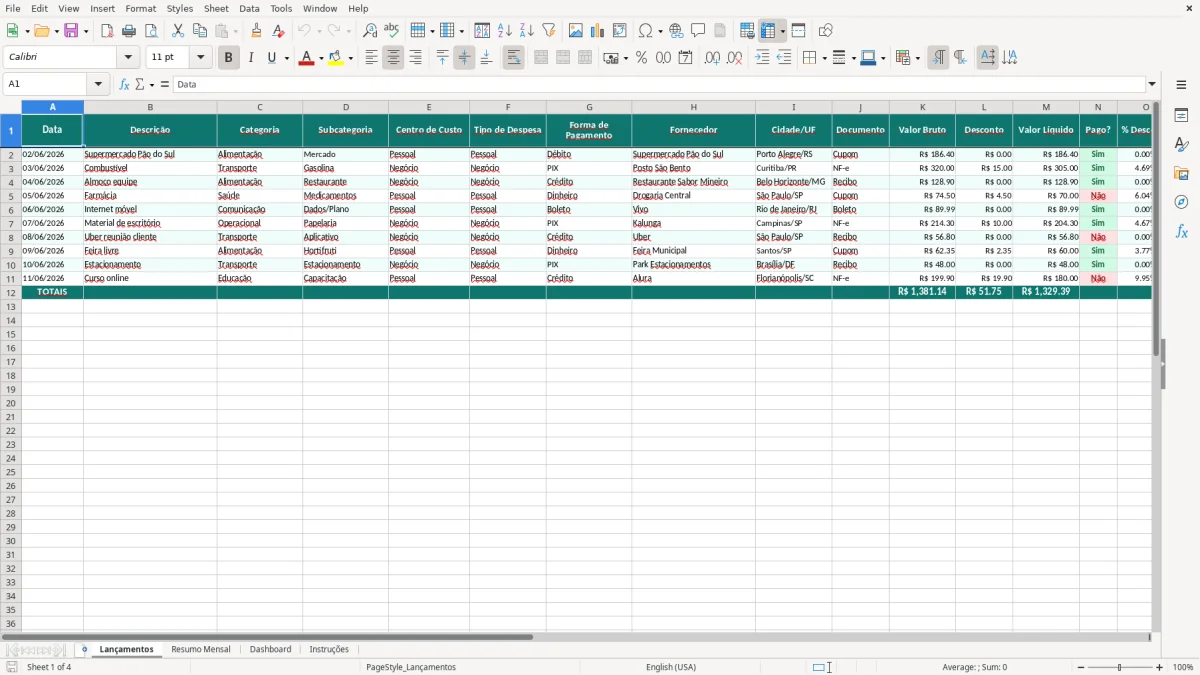 Captura de tela 1: Aba Lançamentos - Planilha Excel Diário de Despesas Variáveis Planilha Excel