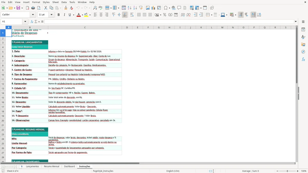 Captura de tela 4: Aba Instruções - Planilha Excel Diário de Despesas Variáveis Planilha Excel