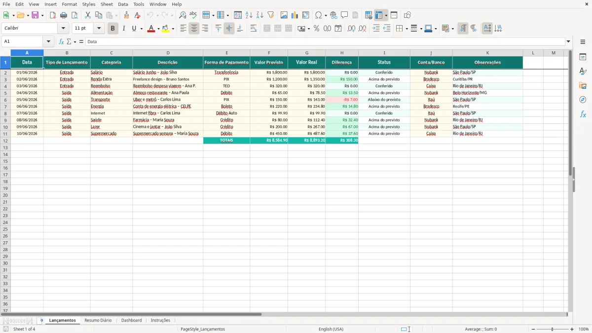 Captura de tela 1: Aba Lançamentos - Planilha Excel Fluxo de Caixa Pessoal Diário Excel Grátis