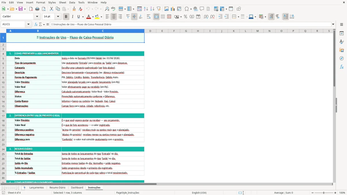 Captura de tela 4: Aba Instruções - Planilha Excel Fluxo de Caixa Pessoal Diário Excel Grátis