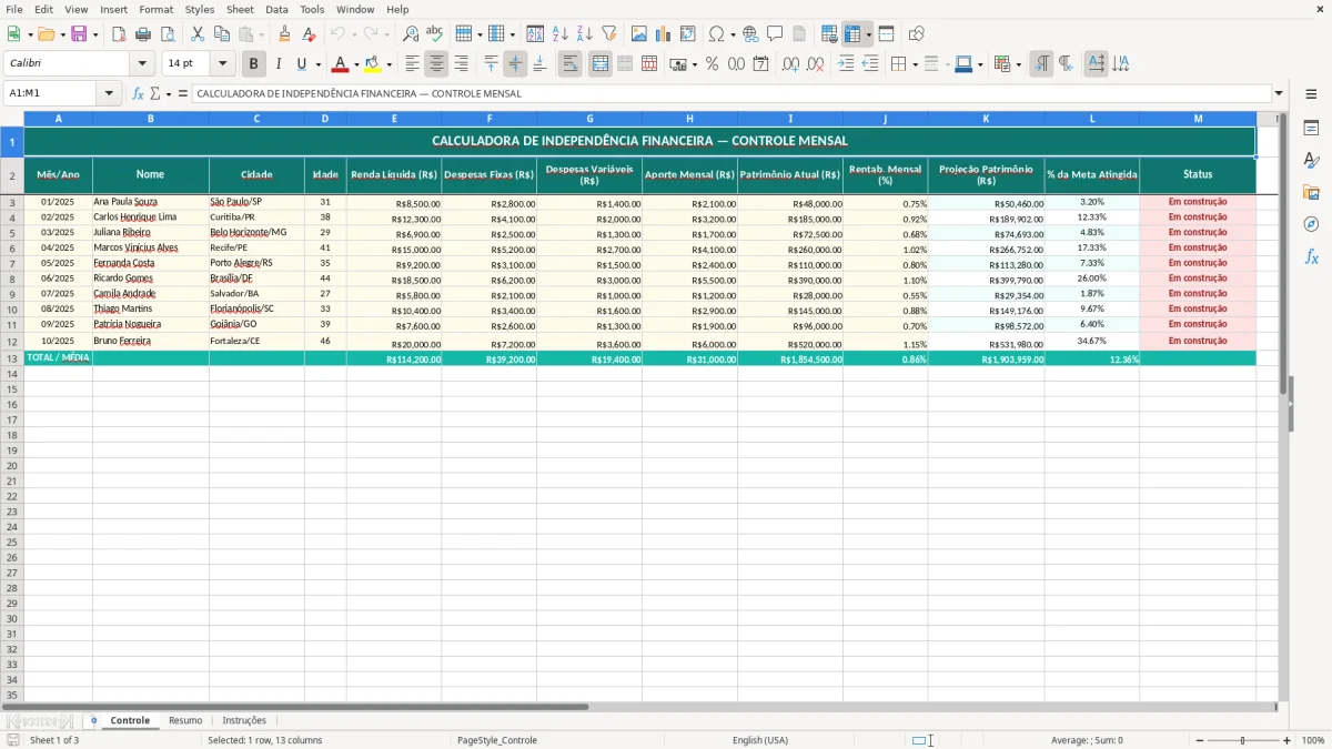 Captura de tela 1: Aba Controle - Planilha Excel Independência Financeira Calculadora Planilha Excel