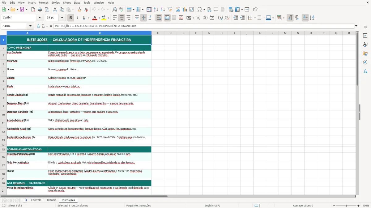 Captura de tela 3: Aba Instruções - Planilha Excel Independência Financeira Calculadora Planilha Excel