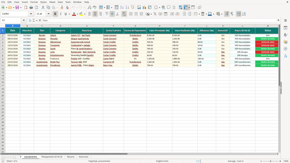 Captura de tela 1: Aba Lancamentos - Planilha Excel Metas Financeiras 50 30 20 Planilha Excel