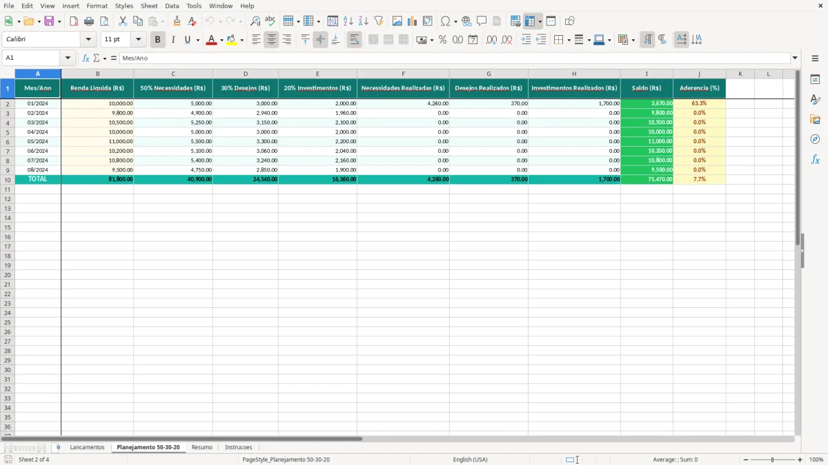 Captura de tela 2: Aba Planejamento 50-30-20 - Planilha Excel Metas Financeiras 50 30 20 Planilha Excel