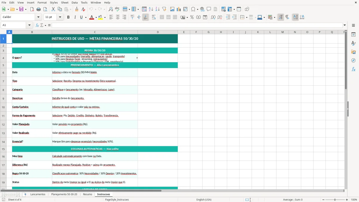 Captura de tela 4: Aba Instrucoes - Planilha Excel Metas Financeiras 50 30 20 Planilha Excel