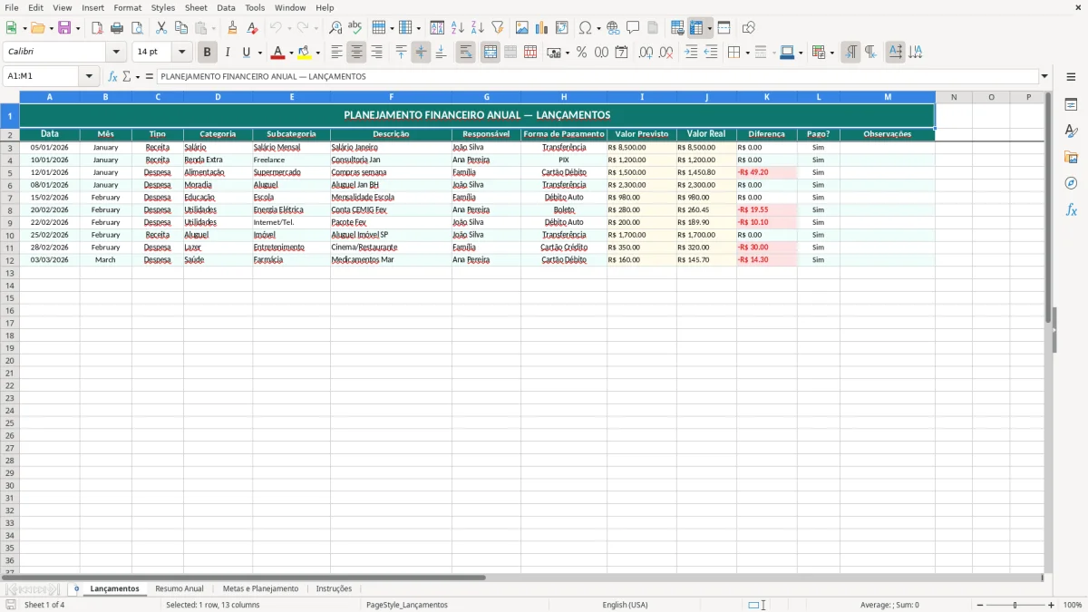 Captura de tela 1: Aba Lançamentos - Planilha Excel Planejamento Financeiro Anual Família Excel
