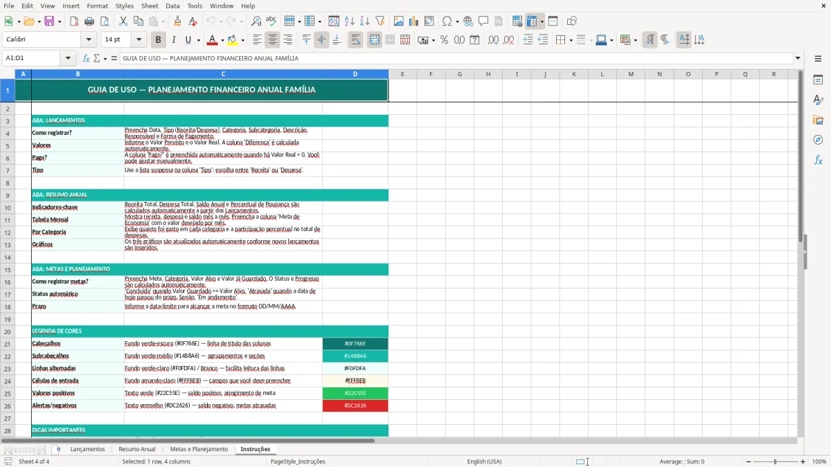 Captura de tela 4: Aba Instruções - Planilha Excel Planejamento Financeiro Anual Família Excel