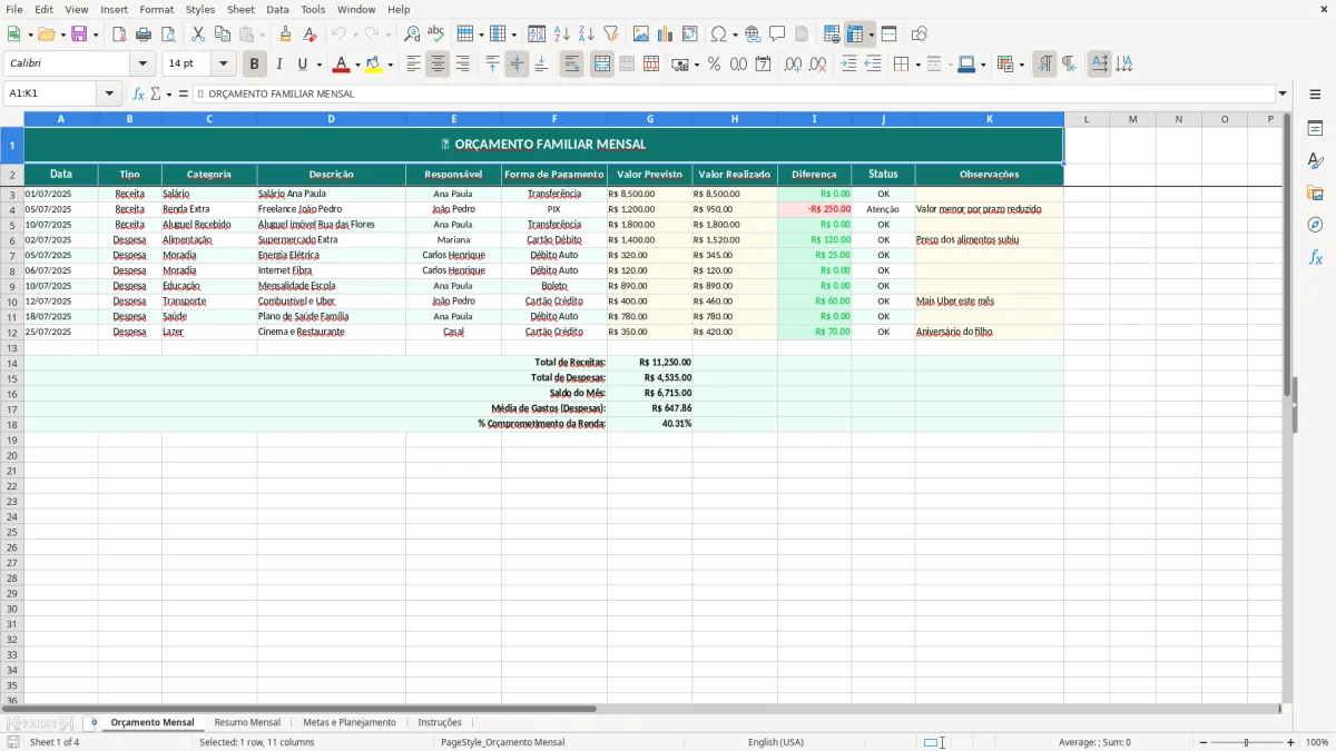 Captura de tela 1: Aba Orçamento Mensal - Planilha Excel Planilha de Orçamento Familiar Mensal Excel