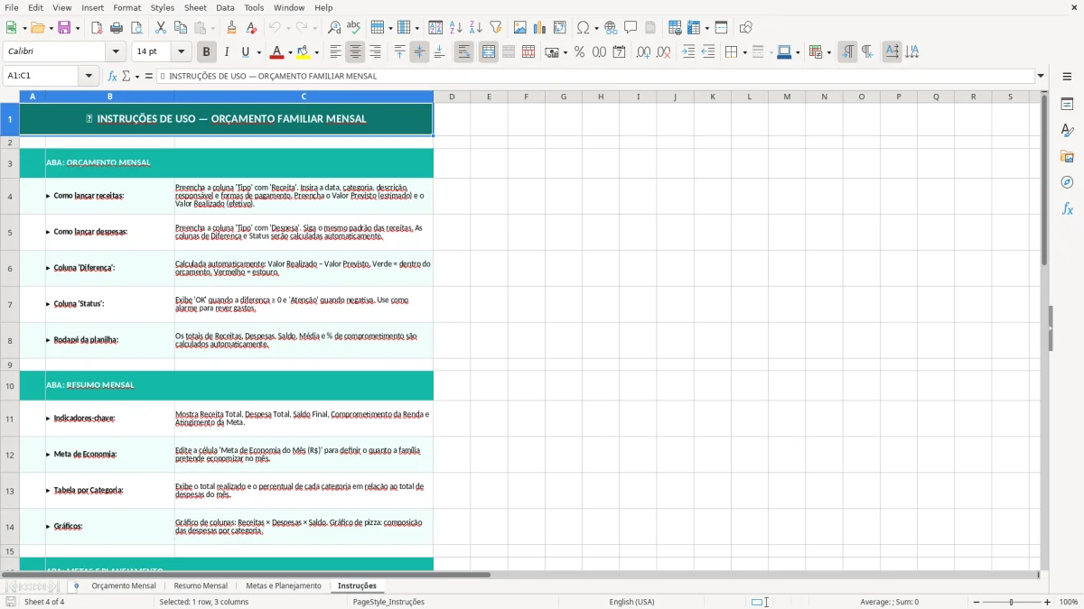 Captura de tela 4: Aba Instruções - Planilha Excel Planilha de Orçamento Familiar Mensal Excel