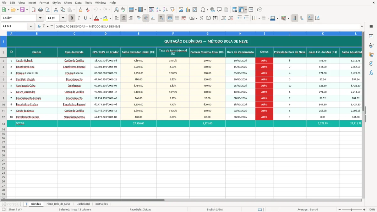 Captura de tela 1: Aba Dívidas - Planilha Excel Quitação de Dívidas pelo Método Bola de Neve Excel