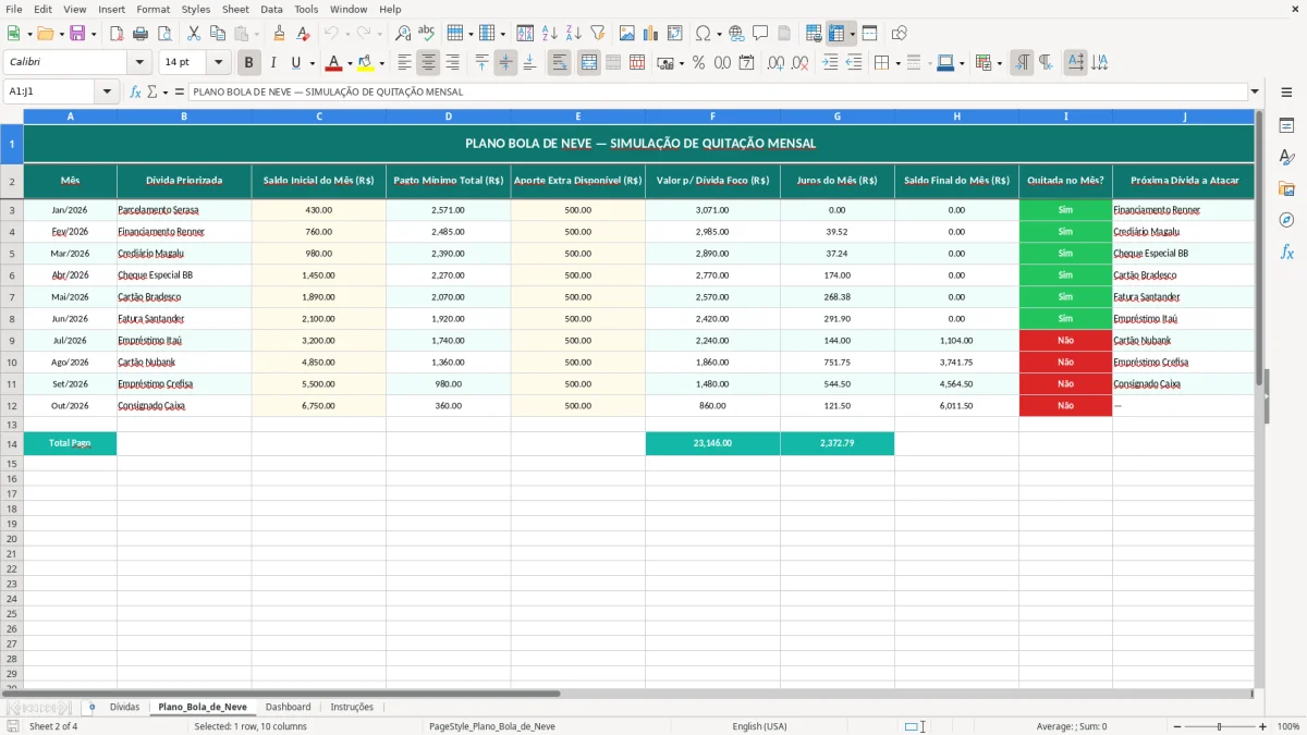 Captura de tela 2: Aba Plano_Bola_de_Neve - Planilha Excel Quitação de Dívidas pelo Método Bola de Neve Excel