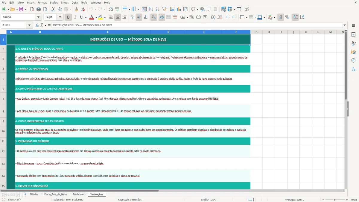 Captura de tela 4: Aba Instruções - Planilha Excel Quitação de Dívidas pelo Método Bola de Neve Excel