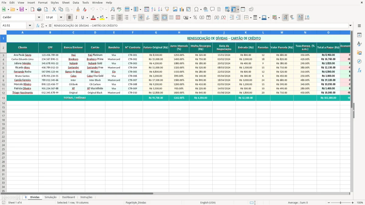 Captura de tela 1: Aba Dívidas - Planilha Excel Renegociação de Dívidas Cartão de Crédito Excel