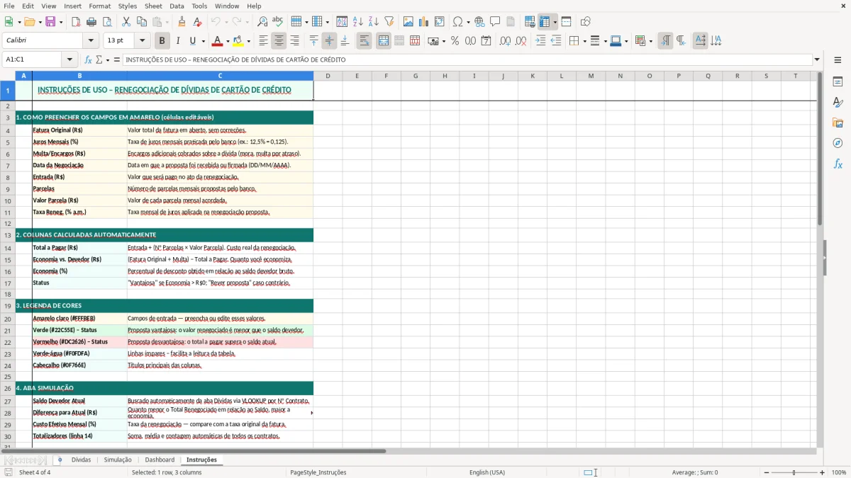 Captura de tela 4: Aba Instruções - Planilha Excel Renegociação de Dívidas Cartão de Crédito Excel