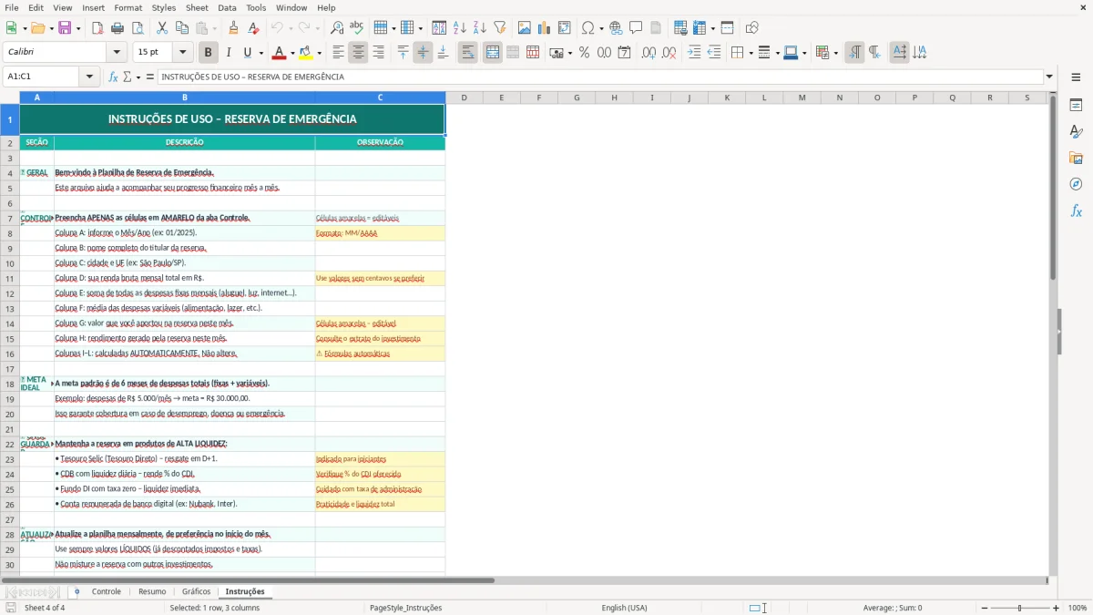 Captura de tela 4: Aba Instruções - Planilha Excel Reserva de Emergência Planilha Excel para Baixar