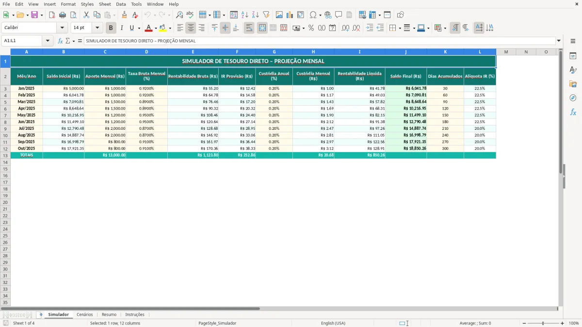Captura de tela 1: Aba Simulador - Planilha Excel Simulador de Tesouro Direto Planilha Excel