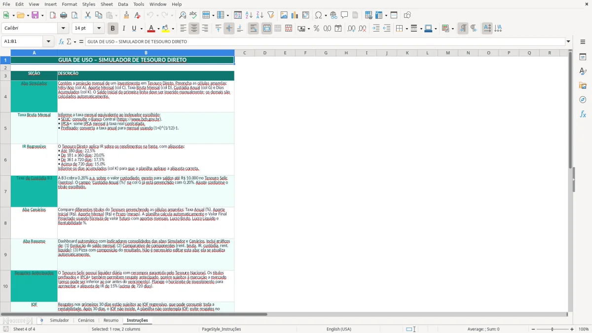 Captura de tela 4: Aba Instruções - Planilha Excel Simulador de Tesouro Direto Planilha Excel