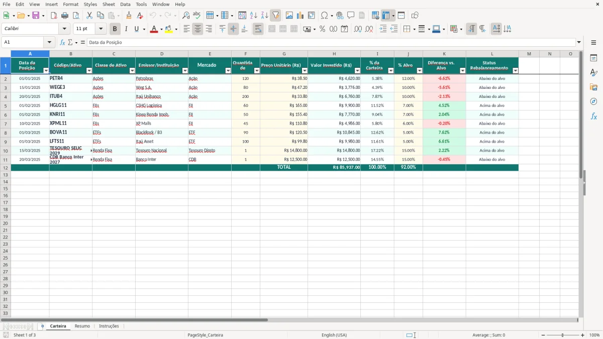 Captura de tela 1: Aba Carteira - Planilha Excel planilha alocacao de ativos