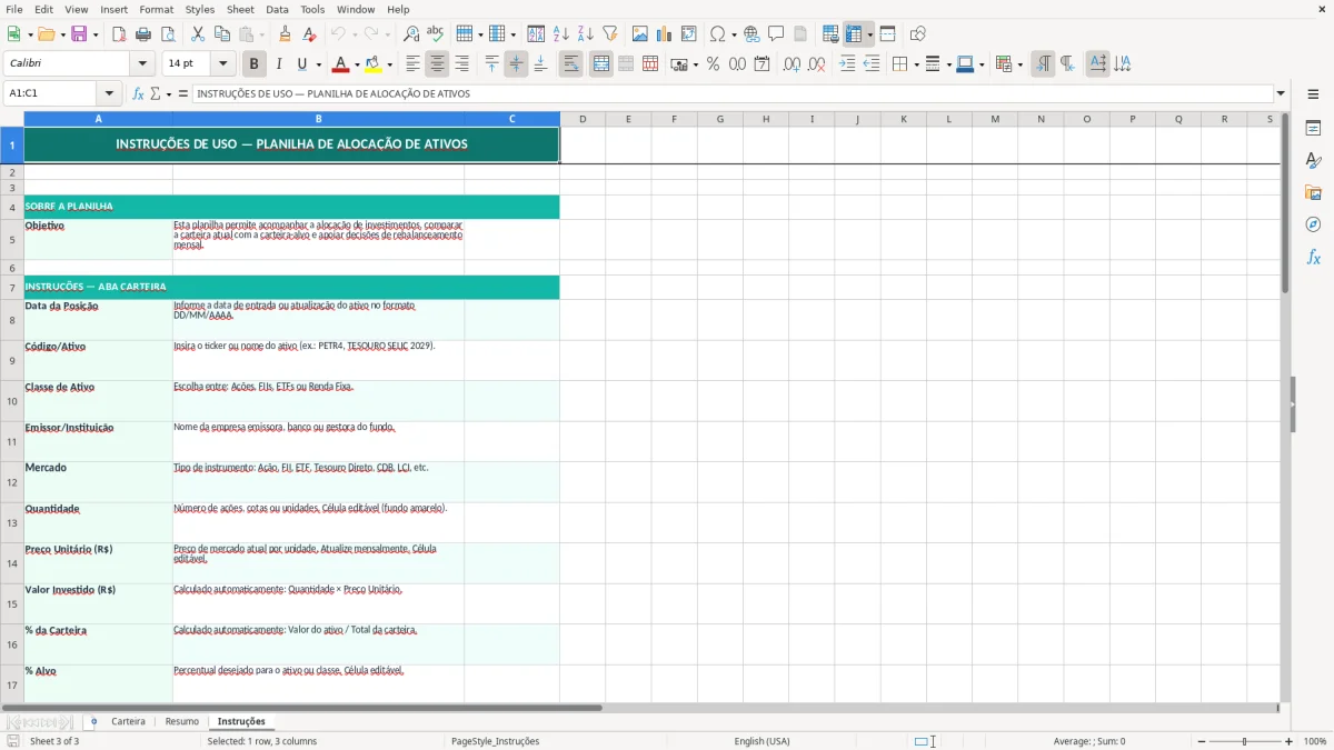 Captura de tela 3: Aba Instruções - Planilha Excel planilha alocacao de ativos