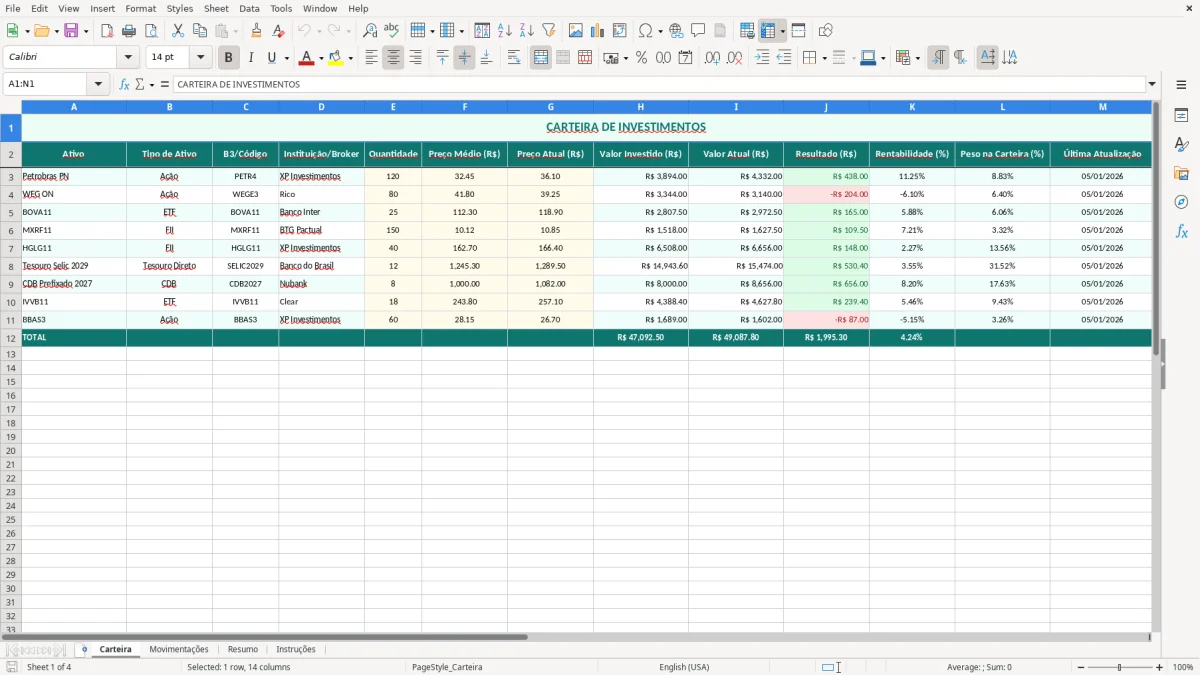 Captura de tela 1: Aba Carteira - Planilha Excel planilha carteira de investimentos
