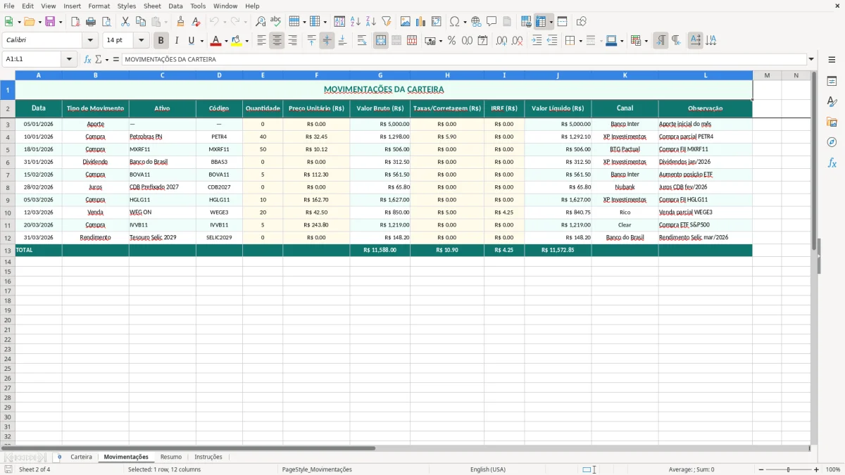 Captura de tela 2: Aba Movimentações - Planilha Excel planilha carteira de investimentos