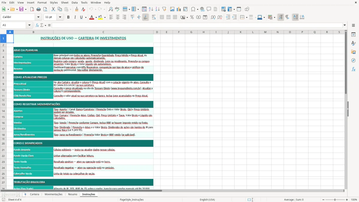 Captura de tela 4: Aba Instruções - Planilha Excel planilha carteira de investimentos