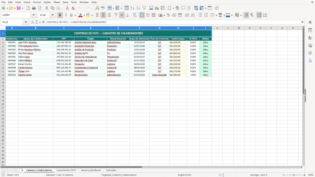 Captura de tela 1: Aba Cadastro_Colaboradores - Planilha Excel planilha controle fgts