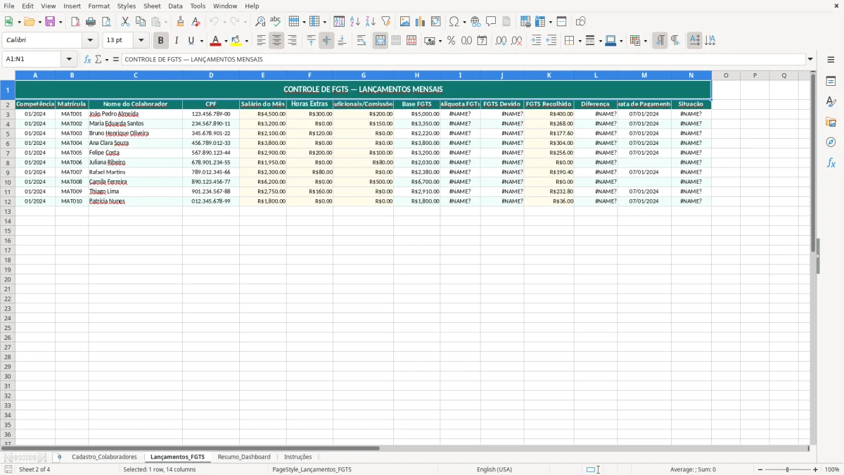 Captura de tela 2: Aba Lançamentos_FGTS - Planilha Excel planilha controle fgts