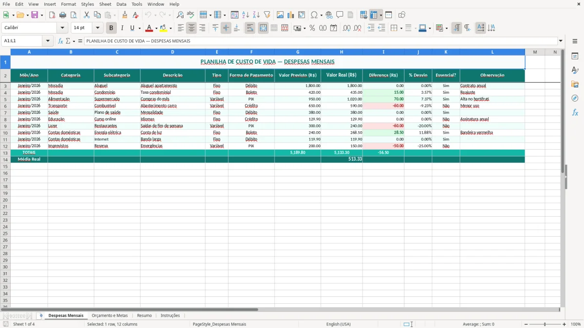 Captura de tela 1: Aba Despesas Mensais - Planilha Excel planilha custo de vida