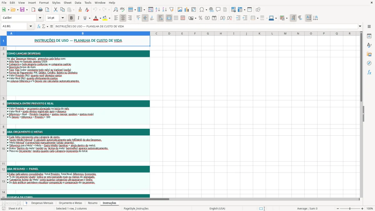 Captura de tela 4: Aba Instruções - Planilha Excel planilha custo de vida