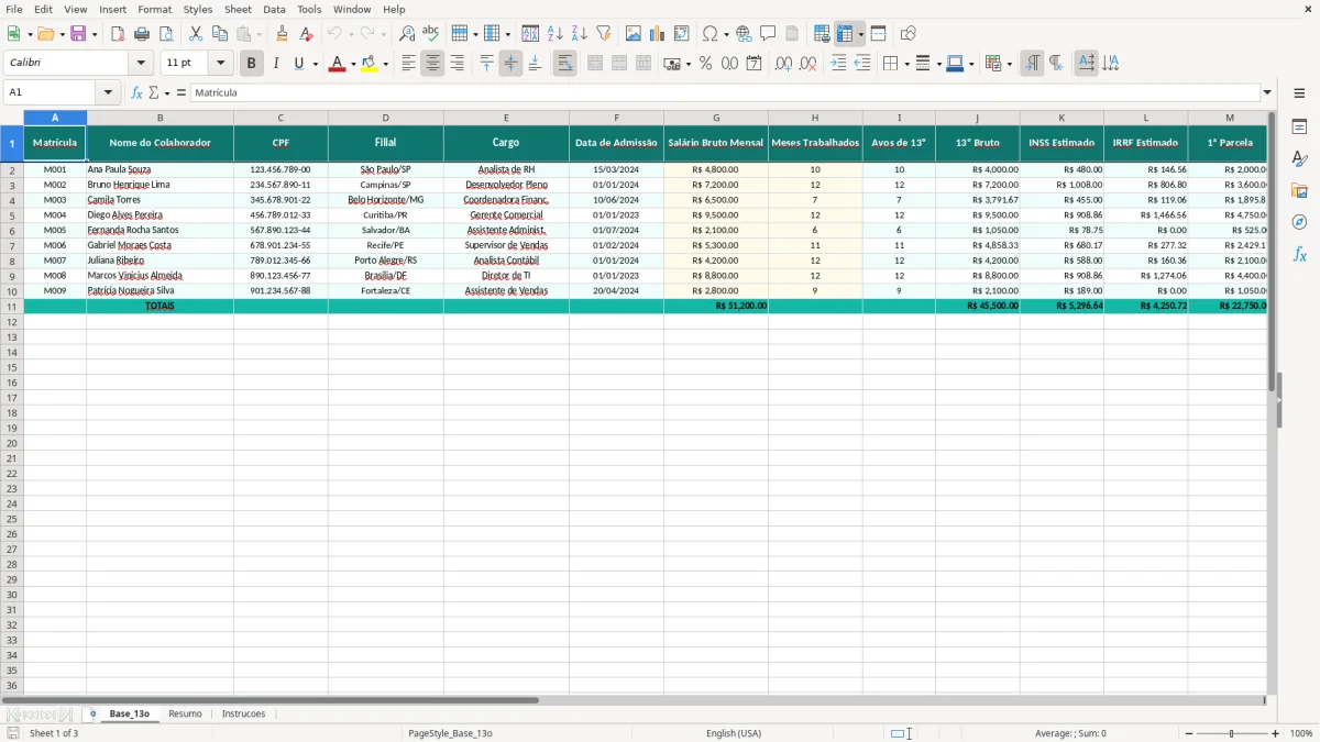 Captura de tela 1: Aba Base_13o - Planilha Excel planilha decimo terceiro calculo