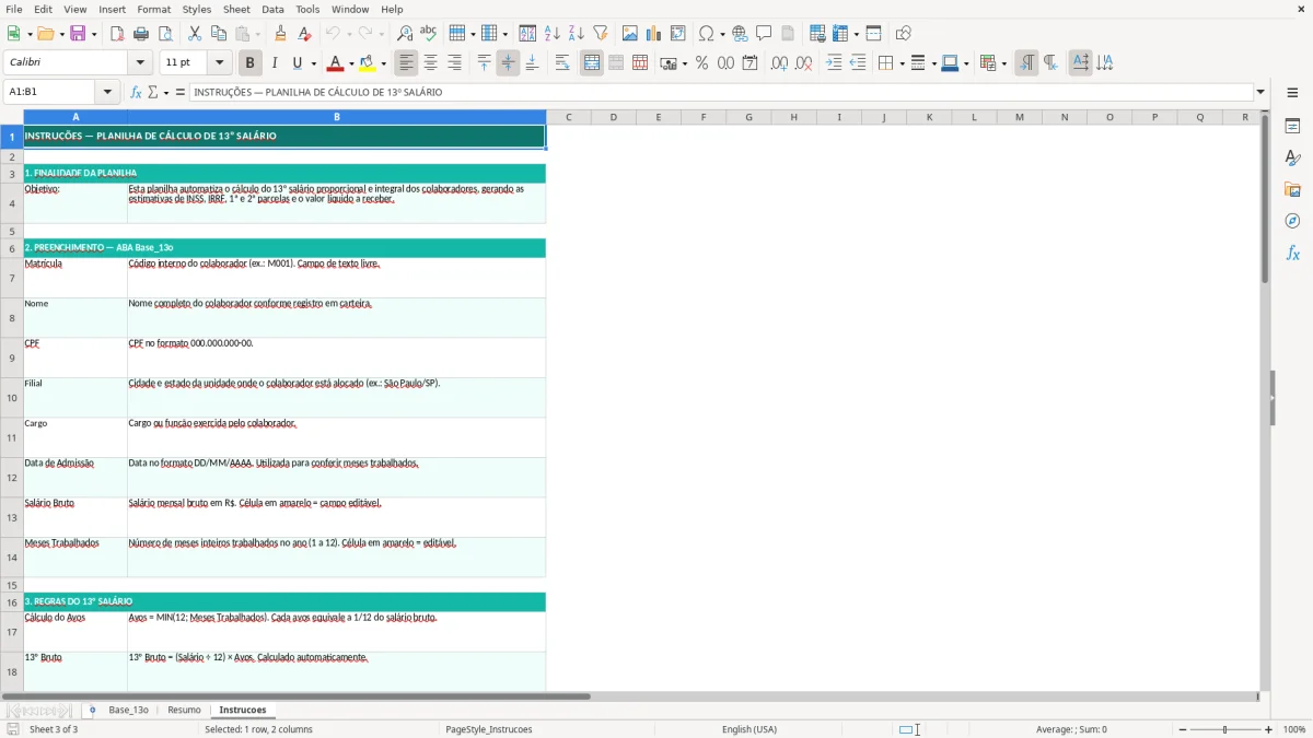 Captura de tela 3: Aba Instrucoes - Planilha Excel planilha decimo terceiro calculo