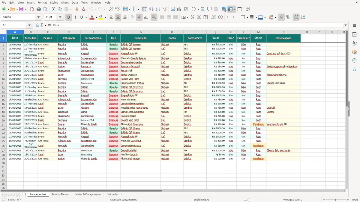 Captura de tela 1: Aba Lançamentos - Planilha Excel planilha financas do casal