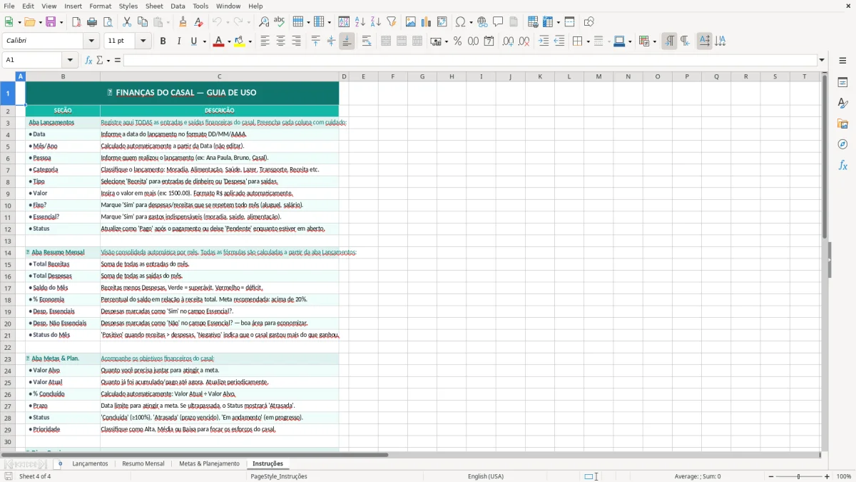 Captura de tela 4: Aba Instruções - Planilha Excel planilha financas do casal