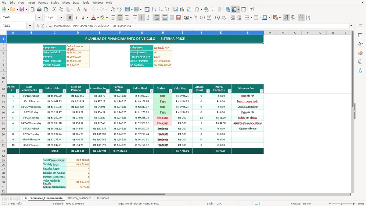 Captura de tela 1: Aba Simulacao_Financiamento - Planilha Excel planilha financiamento de veiculo