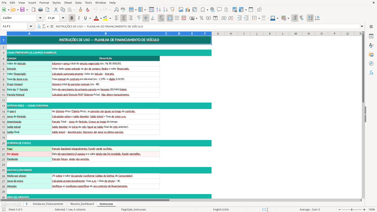 Captura de tela 3: Aba Instrucoes - Planilha Excel planilha financiamento de veiculo